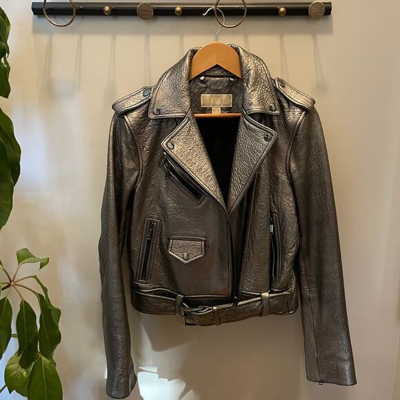 Michael Kors Metallic Silver Leather Jacket | Womens M, Moto Style EUC MSRP $595 - Picture 9 of 12